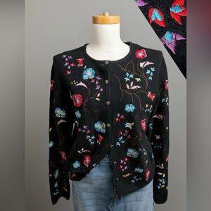 Y2K Carroll Reed Beautiful 100% Wool Floral Embroidered Black Cardigan